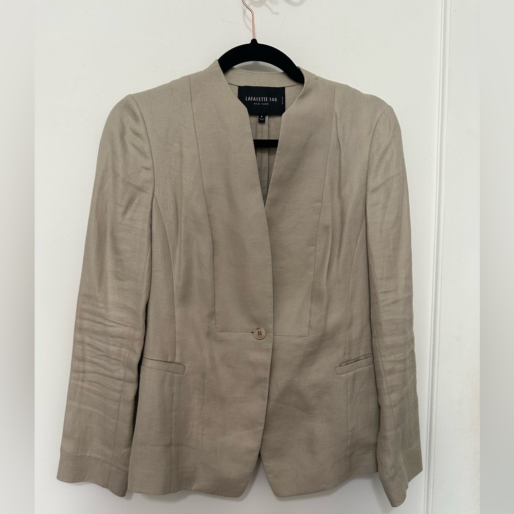 Lafayette 148 100% linen beige lightweight one-button blazer jacket -6